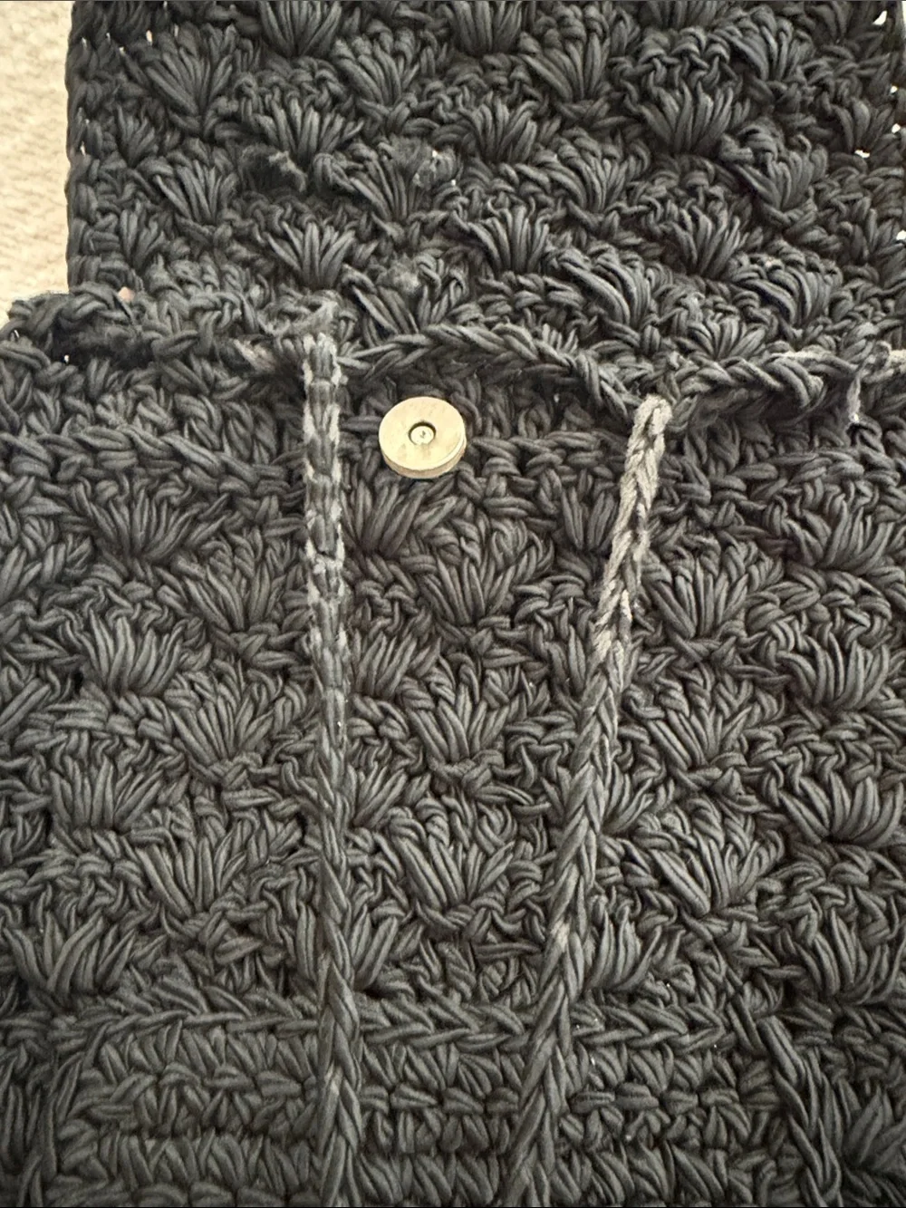 Vintage Black Floral Crocheted Drawstring Backpack Pockets Shoulder Straps Y2K
